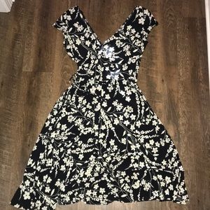 Black and cream floral print swing dress